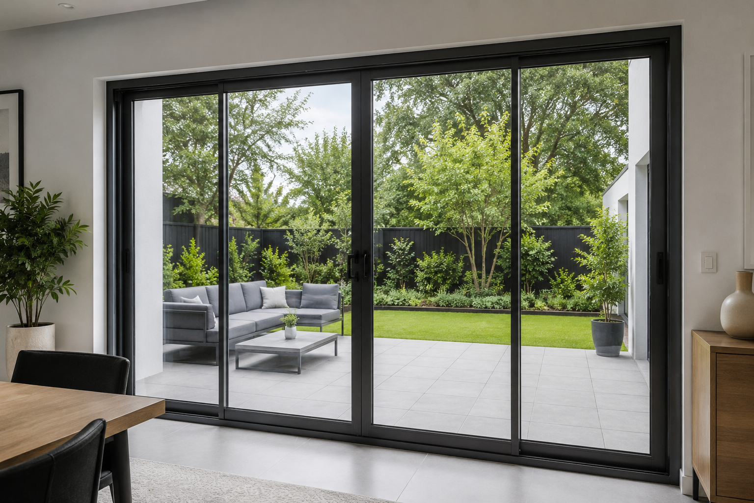 Sliding glass doors opening to a bright exterior