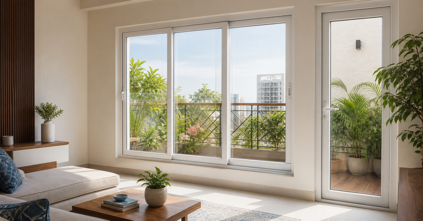 Modern home interior with premium uPVC windows and a glass door